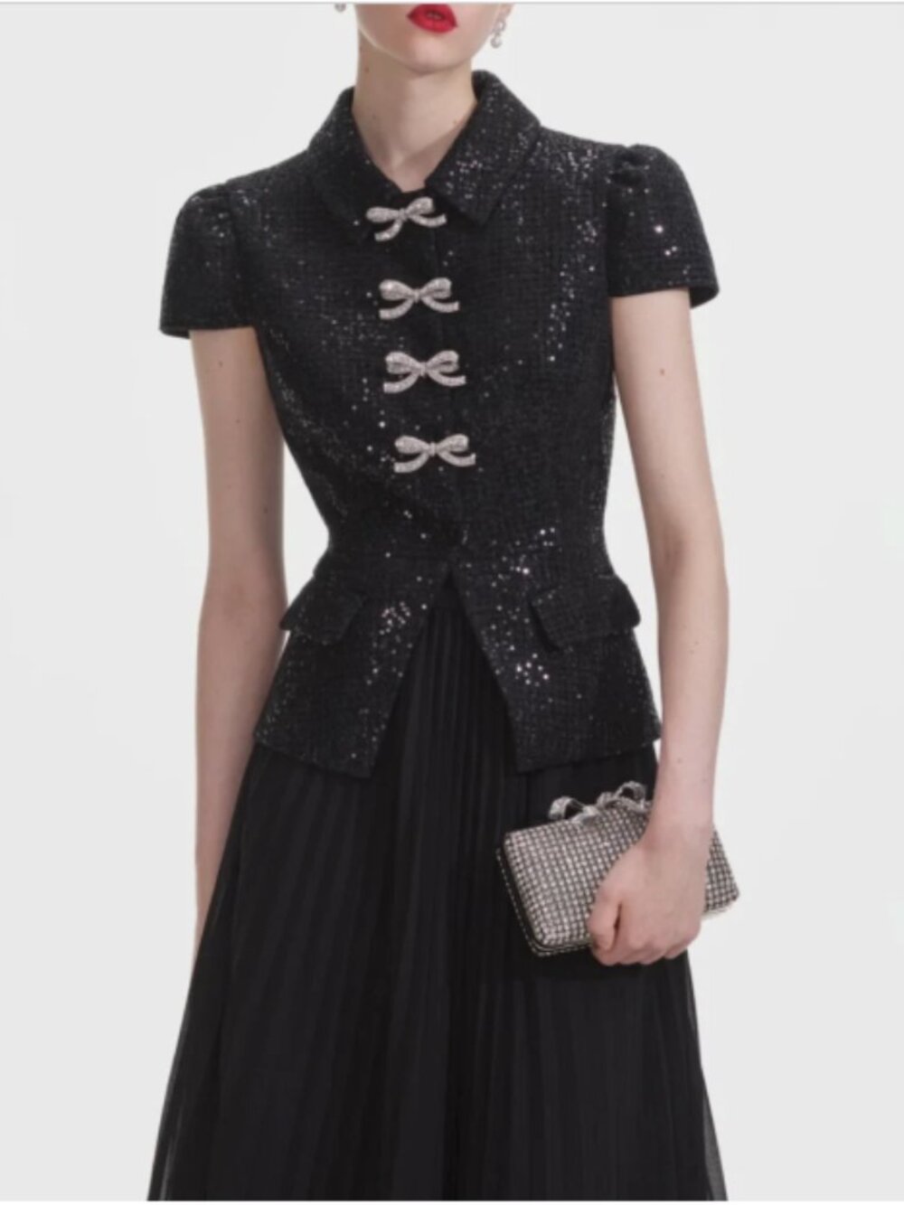 NWT self-portrait black boucle sequin & bow midi dress - size UK 10 / US 6